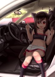 Rule 34 | 1girl, animal ears, boots, car seat, child, dkoro, double v, eyebrows, highres, looking at viewer, mazda, mazda 3, navel, open mouth, original, reflection, shadow, sitting, skirt, solo, steering wheel, tail, v, vehicle
