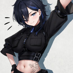Rule 34 | 1girl, absurdres, arm belt, arm up, ayase yuu, belt, black belt, black gloves, black hair, black shirt, blue eyes, blue hair, breast pocket, breasts, closed mouth, crop top, cross, cross earrings, ear piercing, earrings, fingerless gloves, gloves, hand on own hip, highres, jewelry, large breasts, midriff, mochitsuki karen, multicolored hair, navel, phase connect, phase connect jp, piercing, pocket, shadow, shirt, smile, solo, sparkling eyes, stomach tattoo, streaked hair, sweat, tattoo, virtual youtuber