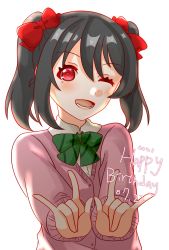 Rule 34 | 1girl, ;), artist name, artist request, black hair, blush, bow, bowtie, breasts, cardigan, collared shirt, double m/, female focus, green bow, green bowtie, hair between eyes, hair bow, highres, jacket, long hair, long sleeves, looking at viewer, love live!, love live! school idol project, nico nico nii, one eye closed, otonokizaka school uniform, parted lips, pink cardigan, pink jacket, pink shirt, red bow, red eyes, school uniform, shirt, short hair, short twintails, smile, solo, striped bow, striped bowtie, striped clothes, twintails, upper body, white background, yazawa nico