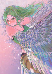Rule 34 | 1girl, absurdres, blouse, blush, breasts, brown eyes, cleavage, collarbone, commentary, english commentary, feathered wings, green hair, green shirt, happy birthday, harpy, highres, huge filesize, long hair, midriff, monet (one piece), monster girl, mygiorni, one piece, shirt, sleeveless, sleeveless shirt, solo, twitter username, winged arms, wings