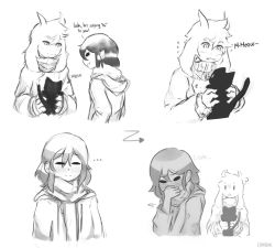 Rule 34 | ..., 1boy, = =, ?, aged up, alternate universe, androgynous, animal, arrow (symbol), artist name, asriel dreemurr, blush, caribun, cat, closed eyes, comic, covering own mouth, english text, flying sweatdrops, frisk (undertale), furry, greyscale, holding, holding animal, holding cat, hood, hoodie, horns, jacket, monochrome, monster boy, scarf, simple background, spoilers, undertale, upper body, white background