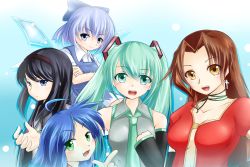 Rule 34 | 00s, 10s, 5girls, ahoge, akemi homura, aqua eyes, aqua hair, black hair, blue eyes, blue hair, brown hair, cirno, clenched hand, cross, cross earrings, crossed arms, crossover, detached sleeves, dress, earrings, eclair (kiddy grade), fang, frown, green eyes, grey eyes, hairband, hand on own chest, hatsune miku, highres, izumi konata, jewelry, kiddy grade, long hair, looking at viewer, lucky star, mahou shoujo madoka magica, mahou shoujo madoka magica (anime), mole, mole under eye, multiple crossover, multiple girls, necktie, open clothes, open mouth, open shirt, outstretched arm, ribbon, shirt, short hair, short sleeves, sidelocks, smile, touhou, twintails, vocaloid, w.wing (wheelwing708), wings, yellow eyes
