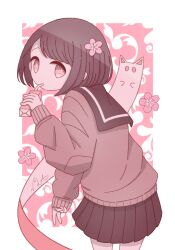 Rule 34 | + +, 1girl, black skirt, border, box, cardigan, cathead, cherry blossoms, commentary, cowboy shot, cross-shaped pupils, drinking, drinking straw, english commentary, floral background, flower, from behind, hair flower, hair ornament, highres, holding, holding box, host, juice box, looking at viewer, looking back, no nose, omochi noa, original, pink flower, pink theme, pleated skirt, school uniform, serafuku, short hair, signature, skirt, solid oval eyes, solo, swept bangs, symbol-shaped pupils, uniform, v, white border