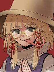 Rule 34 | 1girl, bespectacled, blonde hair, closed mouth, glasses, hair ribbon, hat, highres, kuya (hey36253625), long tongue, looking at viewer, moriya suwako, own hands clasped, own hands together, portrait, purple vest, red background, red ribbon, ribbon, round eyewear, semi-rimless eyewear, shirt, short hair, simple background, smile, solo, tongue, tongue out, touhou, turtleneck, upper body, vest, white shirt, yellow-framed eyewear, yellow eyes