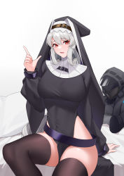 Rule 34 | 1girl, absurdres, arknights, belt, black belt, black dress, black headwear, black thighhighs, breasts, cameo, character doll, cowboy shot, darling0221, doctor (arknights), dress, habit, hair between eyes, hand up, highres, large breasts, long hair, looking at viewer, no panties, nun, on bed, open clothes, open mouth, pelvic curtain, pillow, red eyes, ribbed sweater, silver hair, simple background, sitting, skindentation, solo, specter (arknights), sweater, thighhighs, turtleneck, turtleneck sweater, very long hair, weapon, white background, zettai ryouiki