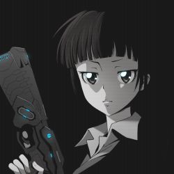 Rule 34 | 1girl, black background, black hair, blunt bangs, closed mouth, commentary, dominator (gun), english commentary, glowing, greyscale, gun, highres, holding, holding gun, holding weapon, kukie-nyan, looking at viewer, monochrome, psycho-pass, shirt, short hair, simple background, solo, tsunemori akane, upper body, weapon, white shirt, wing collar