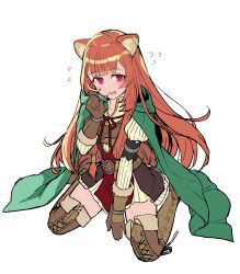 Rule 34 | 1girl, absurdres, animal ear fluff, animal ears, arm guards, belt, blush, boots, brown belt, brown footwear, brown gloves, brown hair, cape, dress, flustered, gloves, green cape, hand up, highres, hood, hooded cape, knee boots, long hair, long sleeves, looking at viewer, neck ribbon, open mouth, raccoon ears, raccoon girl, raccoon tail, raphtalia, red eyes, red ribbon, ribbon, senamoto aki, short dress, sidelocks, simple background, sitting, solo, tail, tate no yuusha no nariagari, thigh boots, thighhighs, wariza, white background, zettai ryouiki