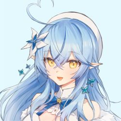 Rule 34 | 1girl, :d, ahoge, bare shoulders, beret, blouse, blue background, blue flower, blue hair, blush, breasts, cleavage, commentary request, commission, flower, hair between eyes, hair flower, hair ornament, half updo, hat, heart, heart ahoge, hololive, long hair, looking at viewer, medium breasts, multicolored hair, open mouth, pixiv commission, pointy ears, portrait, shirt, simple background, sleeveless, sleeveless shirt, smile, solo, streaked hair, tugo, virtual youtuber, white flower, white hat, white shirt, yellow eyes, yukihana lamy