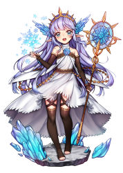 Rule 34 | 10s, 1girl, bare shoulders, black thighhighs, blue eyes, blue flower, blue rose, blush, bridal gauntlets, dress, flower, full body, granblue fantasy, hair ornament, highres, ice, lily (granblue fantasy), long hair, looking at viewer, open mouth, pointy ears, purple hair, rewolf, rose, simple background, solo, staff, thighhighs, tiara, toeless legwear, toes, white background, white dress