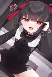 Rule 34 | 1girl, black dress, black hair, blush, bow, breasts, commentary request, dress, ear piercing, earrings, hair bow, hand up, heart, highres, indoors, jewelry, long hair, long sleeves, looking at viewer, original, piercing, pillow, red bow, red eyes, small breasts, solo, spread legs, tsukiman, twintails, very long hair