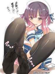 Rule 34 | 1girl, black thighhighs, blue neckerchief, blue ribbon, blue skirt, commentary request, dated, feet, gloves, gradient hair, hair ornament, hairclip, hat, highres, kantai collection, looking at viewer, multicolored hair, neckerchief, no shoes, one-hour drawing challenge, orange hair, panties, pink panties, pleated skirt, pov, puffy short sleeves, puffy sleeves, purple eyes, purple hair, ribbon, sailor hat, school uniform, serafuku, short hair, short hair with long locks, short sleeves, sidelocks, sitting, skirt, soles, solo, takase muh, thighhighs, toes, translation request, tsushima (kancolle), twitter username, underwear, white background, white gloves, white hat