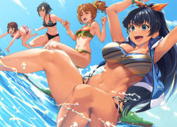 Rule 34 | 4girls, :d, amami haruka, antenna hair, arms up, ass, bare shoulders, barefoot, bikini, black bikini, black hair, blue eyes, blue sky, blunt bangs, blush, breasts, brown hair, cleavage, clenched hands, closed eyes, cloud, collarbone, commentary request, day, fang, full body, ganaha hibiki, green eyes, groin, hair between eyes, hair ribbon, highleg, highleg bikini, highres, idolmaster, idolmaster (classic), jumping, kikuchi makoto, large breasts, long hair, medium breasts, midriff, mikel (4hands), multiple girls, navel, ocean, open mouth, outdoors, plaid, plaid bikini, ponytail, ribbon, short hair, sky, sleeveless, sleeveless jacket, small breasts, smile, striped bikini, striped clothes, swimsuit, takatsuki yayoi, tan, teeth, twintails, upper teeth only, wristband