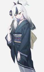 Rule 34 | 1girl, absurdres, black kimono, blue archive, blue nails, blush, demon horns, ear piercing, echj, grey background, hair ornament, halo, hand fan, highres, holding, holding fan, horns, japanese clothes, kayoko (blue archive), kayoko (new year) (blue archive), kimono, long hair, looking at viewer, mole, mole on collarbone, mole on neck, multicolored hair, obi, official alternate costume, paper fan, piercing, red eyes, sash, smile, solo, streaked hair, teeth, white hair