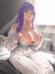 Rule 34 | 2girls, adjusting clothes, bare shoulders, bed, blunt bangs, blurry, blurry background, breasts, cleavage, closed eyes, clothes pull, collarbone, commentary request, curtains, dress, dress pull, fern (sousou no frieren), frieren, highres, huge breasts, indoors, light particles, long dress, long hair, long sleeves, looking at viewer, multiple girls, off shoulder, on bed, parted bangs, parted lips, pillow, pulled by self, purple eyes, purple hair, sidelighting, sitting, sleeping, solo focus, sousou no frieren, sunlight, teeth, under covers, white dress, white hair, wind, window, zig90