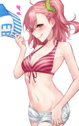 Rule 34 | 1girl, :p, baseball cap, bikini, bikini top only, breasts, brown eyes, cleavage, collarbone, front-tie bikini top, front-tie top, green scrunchie, grimoire ~shiritsu grimoire mahou gakuen~, hair between eyes, hair ornament, hair scrunchie, hand up, hat, heart, highres, holding, holding clothes, holding hat, kamidanomi, licking lips, looking at viewer, medium breasts, medium hair, momose momo, navel, one side up, pink hair, red bikini, scrunchie, short shorts, shorts, solo, swimsuit, tongue, tongue out, unworn hat, unworn headwear, white background, white shorts
