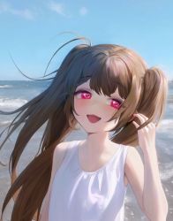 Rule 34 | 1girl, :d, beach, blue sky, brown hair, copyright request, fang, heart, heart-shaped pupils, highres, llttyyyuu, long hair, looking at viewer, open mouth, photo background, pink eyes, skin fang, sky, smile, solo, symbol-shaped pupils, tank top, twintails, upper body, white tank top