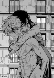 Rule 34 | 1boy, 1girl, abs, arms around neck, blood, blood on face, carrying, carrying person, chainsaw man, closed eyes, commentary request, denji (chainsaw man), dollllls2, fourth east high school uniform, greyscale, highres, injury, long hair, long sleeves, looking at another, mitaka asa, monochrome, muscular, muscular male, navel, school uniform, short hair, sleeping, stomach, topless male, twitter username