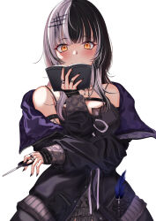 Rule 34 | 1girl, absurdres, arm strap, bare shoulders, belt, black belt, black coat, black dress, black hair, black nails, blunt bangs, blush, book, breasts, chest belt, closed mouth, coat, commentary, dress, fingernails, grey hair, hair ornament, highres, holding, holding book, holding scissors, hololive, hololive english, jewelry, large breasts, long fingernails, long hair, long sleeves, looking at viewer, ming.tian, multicolored hair, multiple rings, nail polish, off shoulder, open clothes, open coat, quill, ring, scissors, shiori novella, simple background, smile, solo, split-color hair, striped arm warmers, symbol-only commentary, two-tone hair, virtual youtuber, white background, yellow eyes