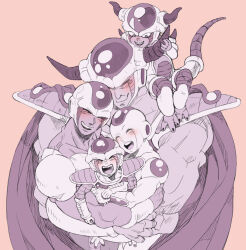 Rule 34 | 5boys, alien, armor, black nails, blush, brothers, cape, carrying, carrying person, chilled, claws, closed eyes, closed mouth, cooler (dragon ball), dragon ball, dragon ball (classic), dragonball z, family, fingernails, frieza, happy, highres, horns, hug, kakipiinu, king cold, kuriza, limited palette, multiple boys, muscular, muscular male, open mouth, pink background, purple theme, siblings, simple background, sitting, sitting on person, smile, tail, teeth, toes, upper body, upper teeth only
