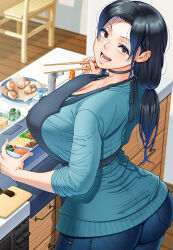 apron ass black_hair breasts chopsticks denim food hajimete_no_hitozuma huge_ass huge_breasts jeans long_hair low_ponytail mature_female mole pants ponytail shinozuka_yuuji tomoko_(hajimete_no_hitozuma)