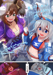 2girls absurdres animal_ears belt blue_eyes blue_footwear blue_jacket blue_sports_bra blush_stickers breasts brown_hair chest_sarashi cleavage clenched_hand commentary_request dreaming ear_covers ear_ornament fang fingerless_gloves fox_mask giant giantess gloves green_eyes grey_hair hair_between_eyes hairband hands_on_own_hips highres horse_ears horse_girl horse_tail inari_one_(umamusume) jacket large_breasts lightning_bolt_symbol long_hair long_sleeves mask multiple_girls navel open_mouth pants purple_shirt red_belt rope same_kujira_(challenger_310) sarashi scrunchie shimenawa shirt shoes signature smapy_sumataku smile sneakers sports_bra stomach tail tamamo_cross_(umamusume) thick_eyebrows twitter_username two-tone_hairband umamusume v-shaped_eyebrows very_long_hair white_gloves white_pants white_shirt wrist_scrunchie