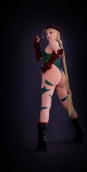 Rule 34 | 1girl, ass, bare shoulders, braid, cammy white, cammy white (cosplay), cosplay, dark background, fingerless gloves, from behind, gloves, hand on own hip, hat, highres, leotard, real life, scar, scar on face, sleeveless, street fighter, thong leotard, zettai cos