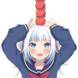 Rule 34 | 1girl, absurdres, apple, apple on head, arms up, blue eyes, blue hair, blue nails, blush, commentary request, food, fruit, gawr gura, highres, hololive, hololive english, long sleeves, looking up, medium hair, multicolored hair, nail polish, neckerchief, open mouth, sailor collar, school uniform, serafuku, sharp teeth, simple background, sleeves past wrists, solo, stack, streaked hair, teeth, two-tone hair, upper body, virtual youtuber, white background, white hair, zeolch