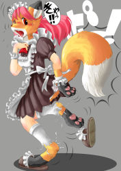 Rule 34 | animal hands, edmol, fox, maid, pink hair, red eyes, slippers, tail, transformation, vixen