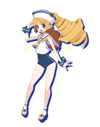 Rule 34 | 1girl, anchor symbol, archer (disgaea), blonde hair, blue eyes, blue one-piece swimsuit, disgaea, disgaea rpg, drill hair, drop shadow, full body, hat, long hair, official art, one-piece swimsuit, open mouth, pointy ears, sailor collar, sailor hat, salute, sandals, single vertical stripe, sleeveless, solo, sparkle, strappy heels, swimsuit, transparent background, wrist cuffs