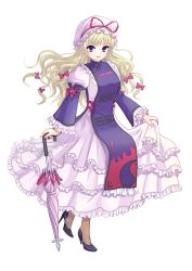 Rule 34 | 1girl, adapted costume, alha, blonde hair, bow, closed umbrella, dress, female focus, frilled dress, frills, full body, hair bow, hat, hat ribbon, high heels, highres, long hair, looking at viewer, multicolored eyes, pantyhose, purple eyes, ribbon, shoes, skirt hold, smile, solo, tabard, touhou, transparent background, umbrella, yakumo yukari, yellow eyes