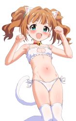 Rule 34 | 1girl, :d, animal ear fluff, animal ears, bare arms, bare shoulders, bell, blush, bra, breasts, brown hair, cameltoe, cat cutout, cat ears, cat girl, cat lingerie, cat tail, choker, cleavage, cleavage cutout, clothing cutout, collarbone, commentary request, fangs, frilled bra, frills, green eyes, green scrunchie, groin, hair intakes, hair ornament, hair scrunchie, hands up, highres, idolmaster, idolmaster (classic), jingle bell, looking at viewer, meme attire, navel, neck bell, open mouth, panties, paw pose, red choker, scrunchie, side-tie panties, simple background, sincos, small breasts, smile, solo, tail, takatsuki yayoi, thighhighs, twintails, underwear, underwear only, white background, white bra, white panties, white thighhighs