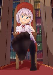 Rule 34 | 1girl, absurdres, blue eyes, feet, highres, library, looking at viewer, sitting, smile, succubus prison, vinum (succubus prison), white hair