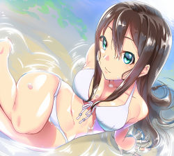 Rule 34 | 10s, 1girl, arm support, bikini, breasts, brown hair, cleavage, from above, front-tie top, gradient background, green eyes, haruichi (komikal), idolmaster, idolmaster cinderella girls, long hair, looking at viewer, looking up, navel, shibuya rin, sitting, smile, solo, swimsuit, water, wet, white bikini