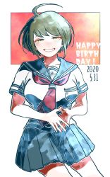 Rule 34 | 1girl, ahoge, blue skirt, blush, breasts, brown hair, commentary request, contrapposto, cowboy shot, danganronpa (series), danganronpa another episode: ultra despair girls, dated, fingers together, green eyes, grin, half-closed eyes, happy birthday, kiri (2htkz), large breasts, looking at viewer, naegi komaru, neckerchief, own hands together, pleated skirt, red neckerchief, school uniform, serafuku, shirt, short hair, short sleeves, skirt, smile, solo, white background, white shirt