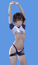 Rule 34 | 1girl, absurdres, arm support, bikini, blue background, breasts, brown hair, closed mouth, commentary request, cowboy shot, dark-skinned female, dark skin, highres, kuza brs, looking at viewer, navel, original, own hands together, ribs, short hair, short sleeves, shrug (clothing), simple background, small breasts, smile, solo, standing, stomach, swimsuit, tomboy, white bikini, yellow eyes