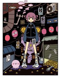 Rule 34 | 1girl, bare legs, black shorts, blush, border, bright pupils, brown footwear, coin, crescent moon, garouma, gold coin, grey ribbon, highres, industrial pipe, jacket, moon, original, parted lips, purple eyes, purple hair, purple sky, shoes, short hair, shorts, sky, solo, standing, white border, white pupils, zipper, zipper pull tab