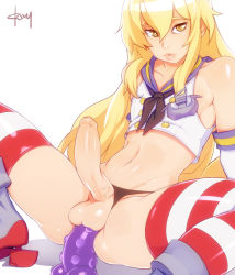 Rule 34 | 1boy, anal, anal object insertion, arm support, bad id, bad pixiv id, blonde hair, clothing aside, cosplay, crossdressing, dildo, doxy, elbow gloves, erection, foreskin, genderswap, genderswap (ftm), gloves, high heels, kantai collection, lips, long hair, looking at viewer, male focus, male penetrated, object insertion, panties, panties aside, penis, phimosis, rudder footwear, sex toy, shimakaze-kun, shimakaze (kancolle), shimakaze (kancolle) (cosplay), solo, spread legs, striped clothes, striped thighhighs, testicles, thighhighs, trap, uncensored, underwear, yellow eyes