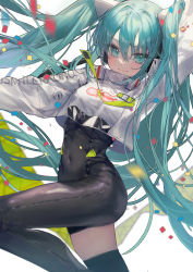 Rule 34 | 1girl, 6665 roku, aqua eyes, aqua hair, black bodysuit, black thighhighs, blush, bodysuit, closed mouth, clothes writing, confetti, covered navel, crop top, hair between eyes, hatsune miku, highres, leg up, long hair, long sleeves, looking at viewer, racing miku, racing miku (2022), simple background, single thighhigh, skin tight, smile, solo, standing, standing on one leg, thighhighs, twintails, very long hair, vocaloid, white background