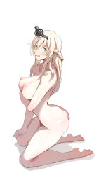 Rule 34 | 1girl, arm under breasts, ass, ayakumo, barefoot, black hairband, blonde hair, blue eyes, braid, breasts, collarbone, completely nude, crown, french braid, from side, full body, hairband, highres, kantai collection, kneeling, large breasts, long hair, mini crown, nipples, nude, shadow, simple background, soles, solo, warspite (kancolle), white background