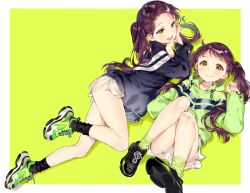 Rule 34 | 2girls, ancotaku, bandaid, bandaid on knee, bandaid on leg, black footwear, black jacket, black legwear, blush, brown eyes, brown hair, closed mouth, commentary request, green background, green footwear, green hoodie, green legwear, hand up, hood, hood down, hoodie, jacket, knees up, long hair, long sleeves, looking at viewer, multiple girls, original, see-through, shoe soles, shoes, short shorts, shorts, siblings, sisters, sleeves past wrists, smile, socks, twins, twintails, two-tone background, very long hair, white background, white shorts
