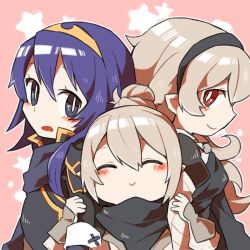 Rule 34 | 3girls, black hairband, blue eyes, blue hair, closed eyes, closed mouth, corrin (female) (fire emblem), corrin (fire emblem), fire emblem, fire emblem awakening, fire emblem fates, from side, hairband, kana (female) (fire emblem), kana (fire emblem), long hair, lucina (fire emblem), multiple girls, nintendo, open mouth, pointy ears, red eyes, shunrai, smile, tiara, upper body, white hair