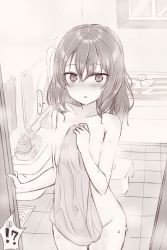Rule 34 | !?, 1girl, bath, bath stool, bathtub, blush, breasts, convenient censoring, covering privates, groin, hair between eyes, holding, holding towel, indoors, layla (mino), long hair, mirror, monochrome, nonono (mino), nose blush, nude cover, original, parted lips, rubber duck, shower head, small breasts, spoken interrobang, steam, steam censor, stool, tile floor, tiles, towel, translation request, water, wet, window