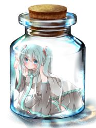 Rule 34 | 1girl, against glass, bad id, bad pixiv id, blue eyes, blue hair, blush, bottle, bottle meme (pixiv), cork, detached sleeves, hatsune miku, highres, hiro (hirohiro31), in bottle, in container, jar, matching hair/eyes, solo, trapped, vocaloid
