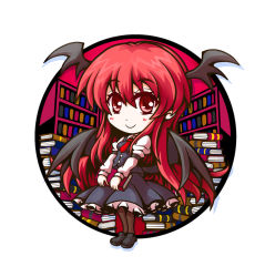 Rule 34 | 1girl, ascot, bat wings, book, book stack, bookshelf, head wings, kiki fushigi, koakuma, library, long hair, red eyes, red hair, smile, solo, touhou, wings