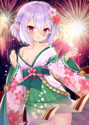 Rule 34 | 1girl, bare shoulders, bell, blush, braid, breasts, commentary request, elf, fireworks, floral print, flower, green skirt, hair flower, hair ornament, highres, japanese clothes, jingle bell, kimono, kokkoro (new year) (princess connect!), kokkoro (princess connect!), night, night sky, no bra, off shoulder, open mouth, outdoors, pink eyes, pink kimono, pointy ears, princess connect!, print kimono, short hair, silver hair, skirt, sky, small breasts, solo, taku michi