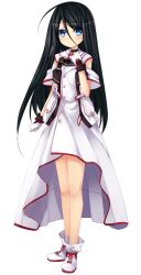 Rule 34 | 1girl, black hair, blue eyes, blush, dress, full body, gloves, hair between eyes, hand up, krista hugenberg, long hair, looking at viewer, patriarch xtasy, shoes, smile, solo, standing, transparent background, very long hair, white dress, white footwear