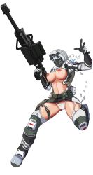 Rule 34 | 1girl, absurdres, anti-materiel rifle, armor, breasts, full body, gun, head-mounted display, helmet, highres, hmage, jumping, large breasts, nipples, no bra, panties, pilot, rifle, simple background, sniper rifle, solo, titanfall, titanfall (series), torn clothes, transparent background, underwear, weapon