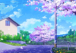 Rule 34 | absurdres, blue sky, building, chain-link fence, cherry blossoms, cloud, commentary, day, fence, flower, grass, highres, house, lamppost, no humans, original, power lines, richtsu, road, road sign, scenery, shadow, sign, sky, tree, utility pole