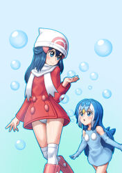 2girls :o beanie blue_background blue_dress blue_eyes blue_gloves blue_hair boots bubble closed_mouth coat commentary_request creatures_(company) dawn_(pokemon) dress elbow_gloves els_(ljhlee12) eyelashes game_freak gen_4_pokemon gloves hat highres korean_commentary long_hair looking_down multiple_girls nintendo over-kneehighs panties pantyshot personification pink_footwear piplup pokemon pokemon_dppt pokemon_platinum red_coat scarf smile thighhighs underwear white_hat white_panties white_scarf