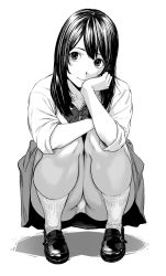 Rule 34 | 1girl, buckled shoes, closed mouth, greyscale, hand on own cheek, hand on own face, highres, long hair, looking at viewer, monochrome, original, panties, school uniform, simple background, smile, socks, solo, squatting, turiganesou800, underwear, upskirt, white background